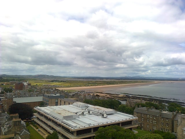 University of St Andrews library from above with West Sands in the background