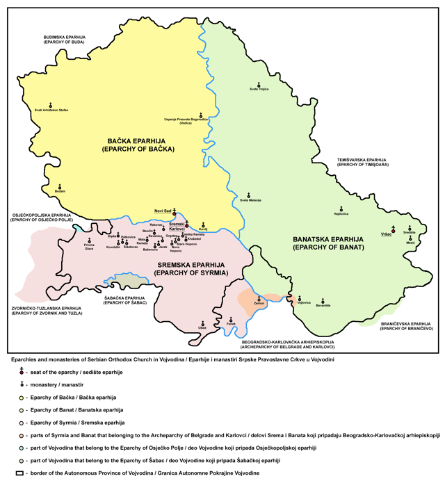 Map showing monasteries of Serbian Orthodox Church in Fruška Gora