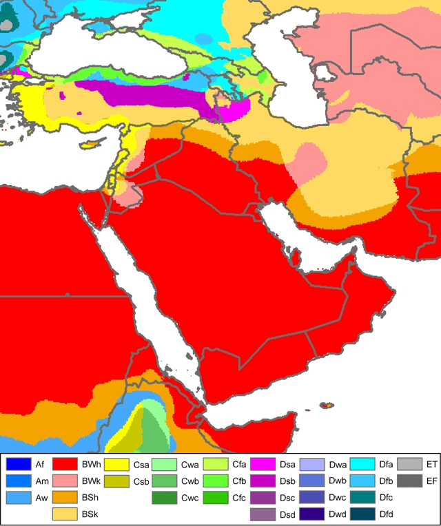Saudi Arabia's Köppen climate classification map is based on native vegetation, temperature, precipitation and their seasonality.   BWh Hot desert   BWk Cold desert   BSh Hot semi-arid   BSk Cold semi-arid