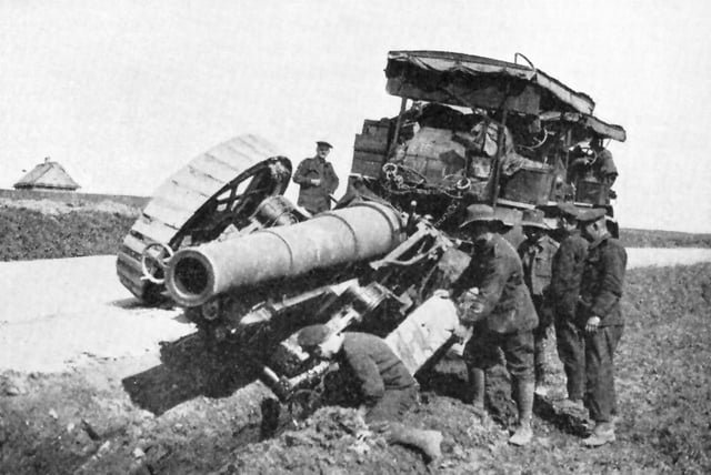 Mk 6 has slid off-road behind Holt artillery tractor, WWI