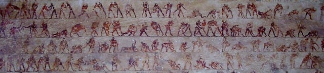 Detail of the wrestling scenes in tomb 15 (Baqet III) at Beni Hasan