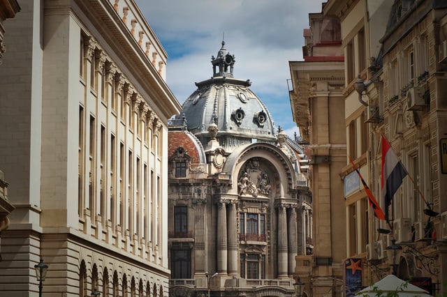 The Bucharest Stock Exchange Palace, situated in the capital's historical city centre.