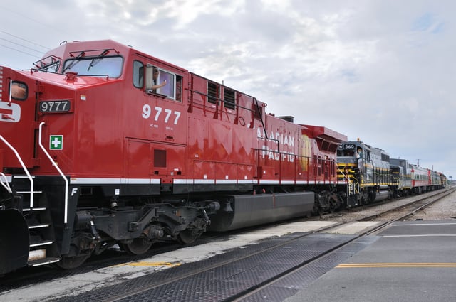 CP #9777, a GE AC4400CW locomotive was used to film early scenes. Photographed in 2010 after the locomotive was repainted.
