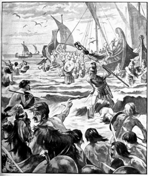 Landing of the Romans in Kent, 55 BC: Caesar with 100 ships and two legions made an opposed landing, probably near Deal. After pressing a little way inland against fierce opposition and losing ships in a storm, he retired back across the English Channel to Gaul from what was a reconnaissance in force, only to return the following year for a more serious invasion.