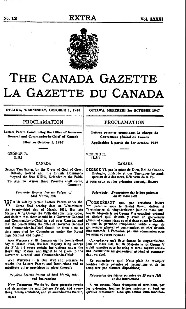 The text of the Letters Patent, 1947 Constituting the Office of Governor General and Commander-in-Chief of Canada printed in the Canada Gazette, 1 October 1947