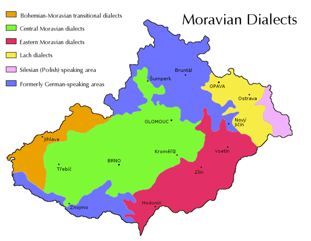 Traditional territory of the main dialect groups of Moravia and Czech Silesia. Green: Central Moravian, Red: East Moravian, Yellow: Lach (Silesian), Pink: Cieszyn Silesian, Orange: Bohemian–Moravian transitional dialects, Purple: Mixed areas