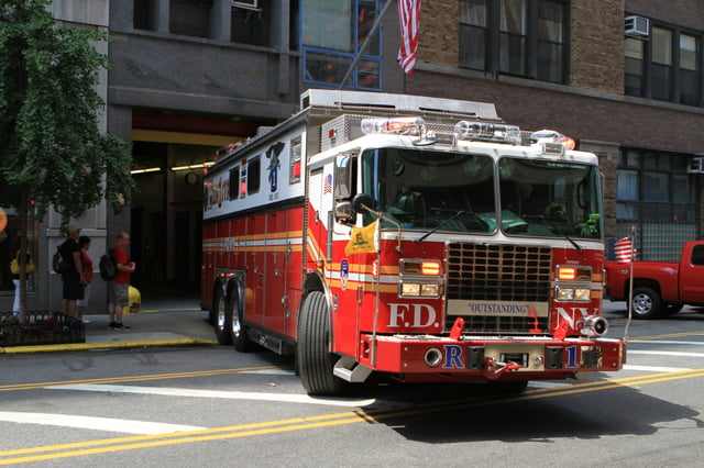 A typical FDNY rescue company, also known as a rescue truck. Pictured is Rescue Co. 1, which serves a large portion of Manhattan.
