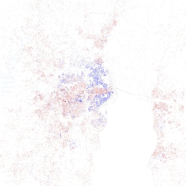 Map of racial distribution in Mobile, 2010 U.S. Census. Each dot is 25 people: White, Black, Asian, Hispanic or Other (yellow)