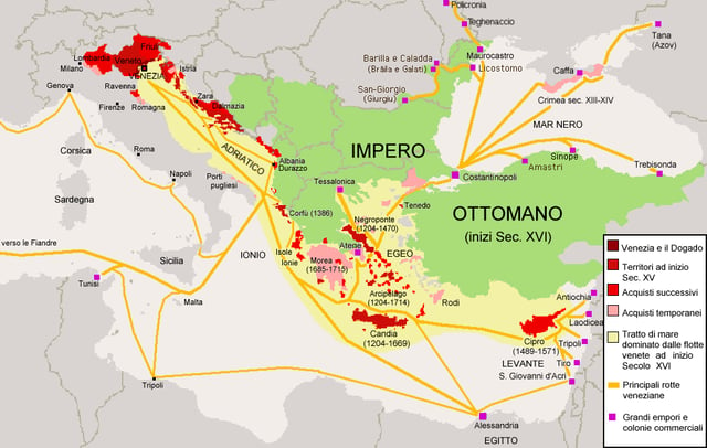 The Republic of Venice in the 15th–16th centuries.   Venice   Territory at the start of the 15th c.   Subsequent acquisitions   Temporary acquisitions   Seas dominated by Venetians at the start of the 16th c.   Primary Venetian routes   ■  Primary Venetian trading colonies   Ottoman Empire