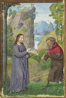 Sixteenth-century illustration by Simon Bening showing Satan approaching Jesus with a stone