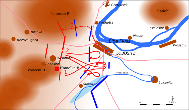 Battle of Lobositz. Austria: blue; Prussia: red.