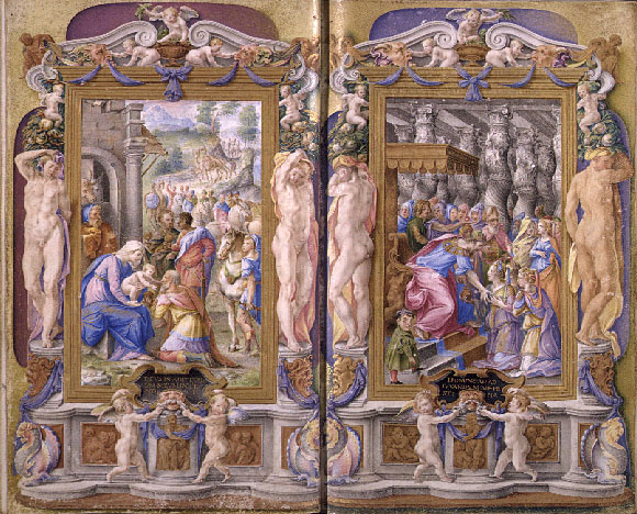 Giulio Clovio, Adoration of the Magi and Solomon Adored by the Queen of Sheba from the Farnese Hours, 1546