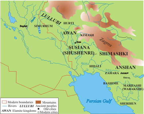 Polities during the Old Elamite period, and northern tribes of the Lullubi, Simurrum and Hurti.