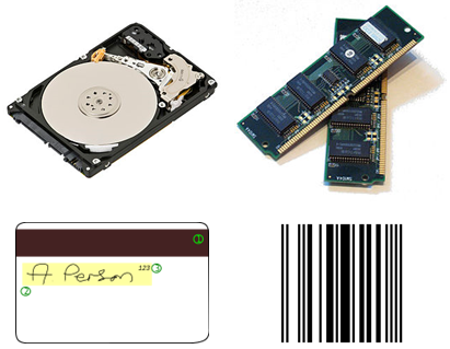 IBM inventions: (clockwise from top-left) the hard-disk drive, DRAM, the UPC bar code, and the magnetic stripe card