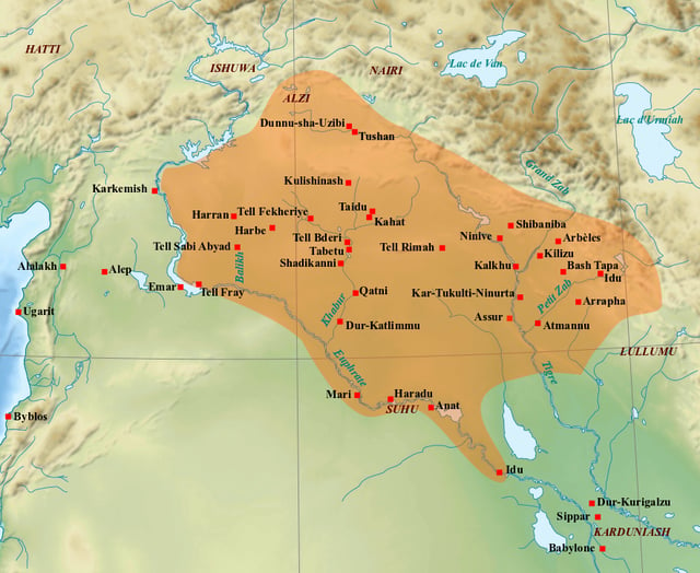 Map of the Ancient Near East showing the extent of the Middle Assyrian Empire (orange) c. 1392 BC.