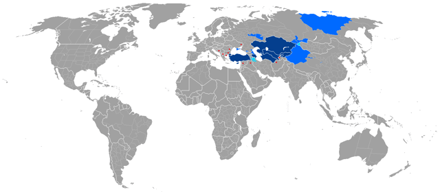 Countries and autonomous subdivisions where a Turkic language has official status or is spoken by a majority.