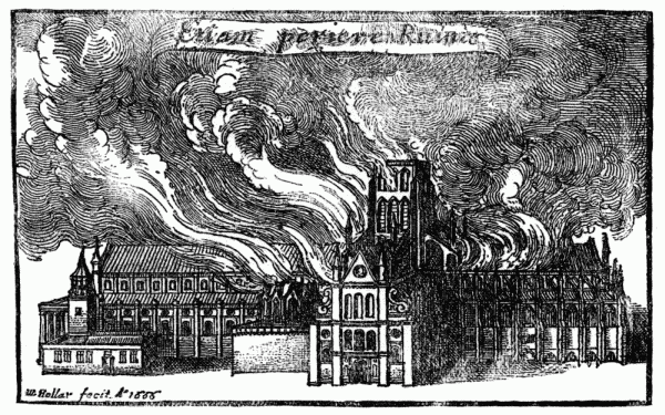 Old St Paul's Cathedral in flames, 1666