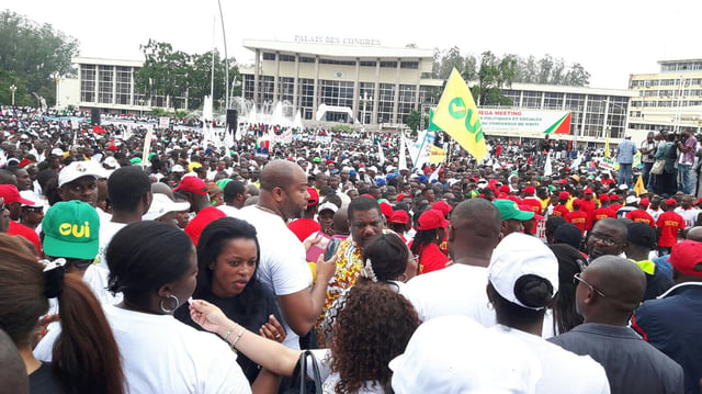 A pro-constitutional reform rally in Brazzaville during October 2015. The constitution's controversial reforms were subsequently approved in a disputed election which saw demonstrations and violence.
