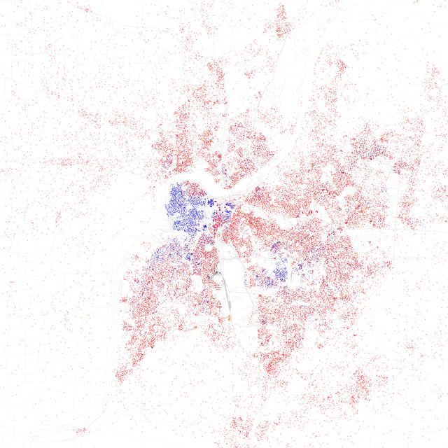 Map of racial distribution in Louisville, 2010 U.S. Census. Each dot is 25 people: White, Black, Asian, Hispanic or Other (yellow)