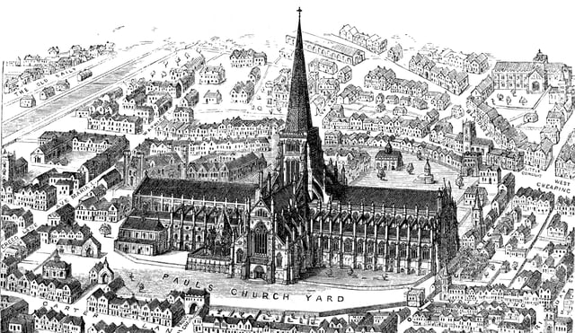A 1916 engraving of Old St Paul's as it appeared before the fire of 1561 in which the spire was destroyed.