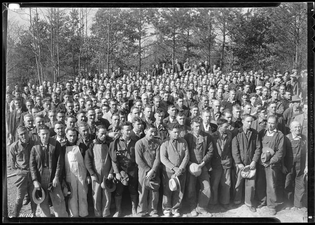 A group of workers at Norris Dam construction camp site. The TVA was formed as part of Roosevelt's New Deal legislation.