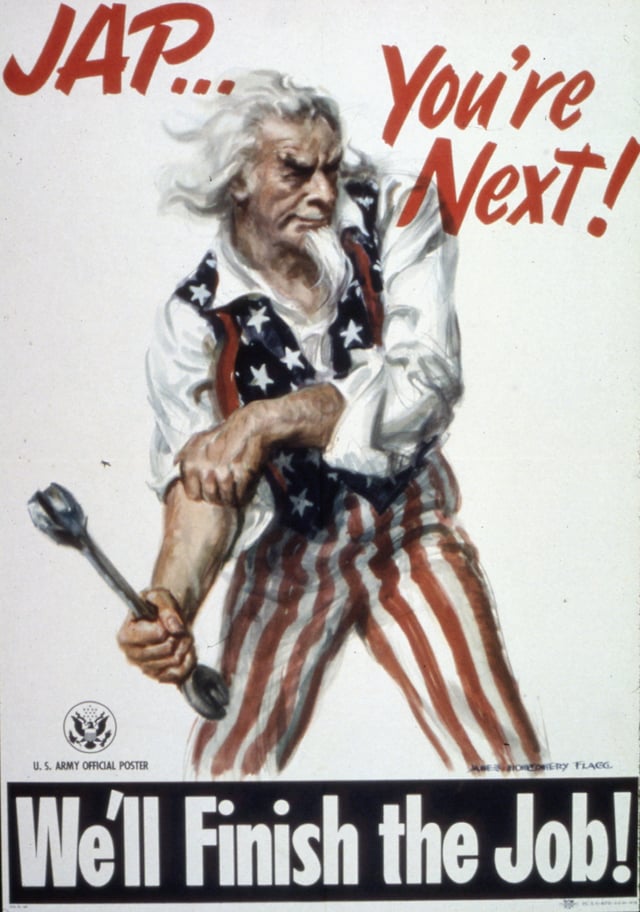 U.S. Army propaganda poster depicting Uncle Sam preparing the public for the invasion of Japan after ending war on Germany and Italy