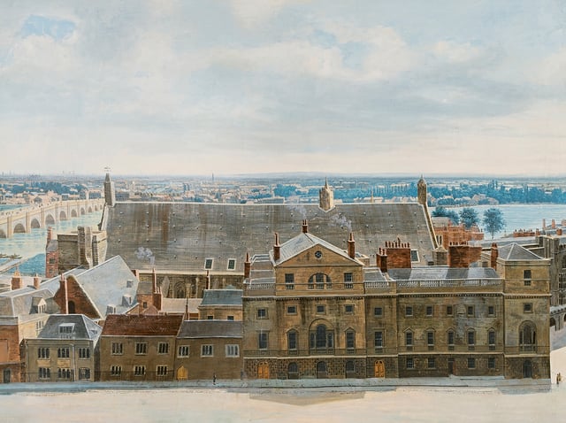 Detail from A Panoramic View of London, from the Tower of St. Margaret's Church, Westminster (1815) by Pierre Prévost, showing the Palace of Westminster. The original Westminster Bridge is at left, and the roof of Westminster Hall at centre.
