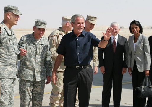 GEN Petraeus with LTG Odierno (left), President Bush (center), SecDef Gates, and SecState Rice (right) at Al Asad Airbase in September 2007