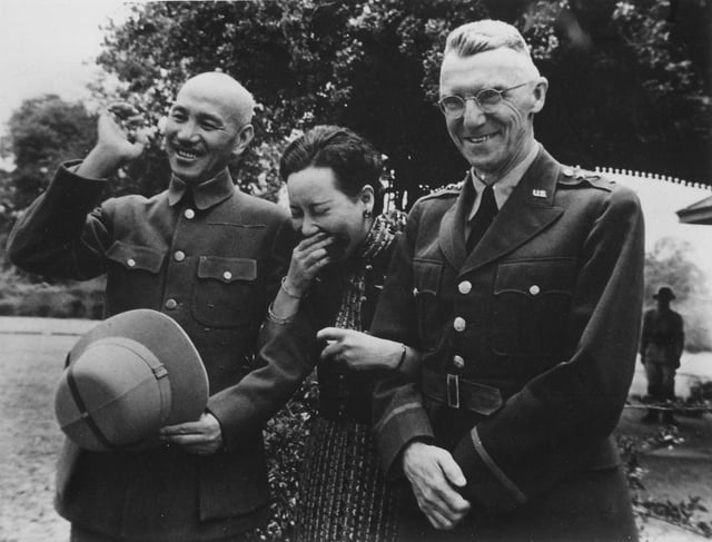 Chiang and his wife Soong Mei-ling sharing a laugh with U.S. Lieutenant General Joseph W. Stilwell, Burma, April 1942