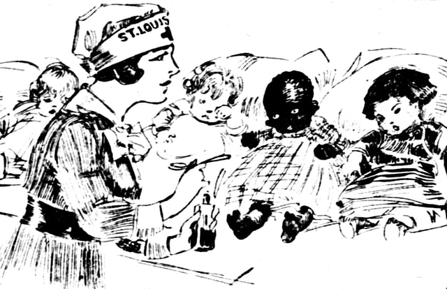 February 1918 drawing by Marguerite Martyn of a visiting nurse in St. Louis, Missouri, with medicine and babies