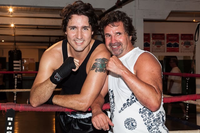 Photo of Trudeau with Pat Fiacco in a boxing ring