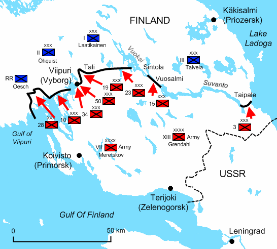 Situation on the Karelian Isthmus on 13 March 1940, the last day of the war  Finnish corps (XXX) or Oesch's coast group  Soviet corps (XXX) or army (XXXX)