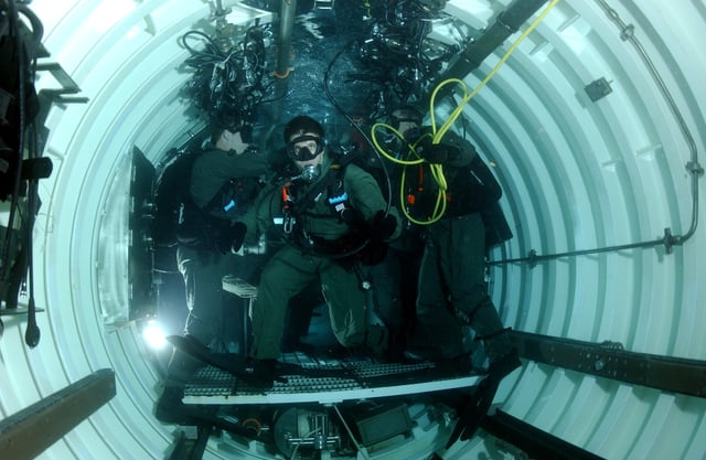 Members of SEAL Delivery Vehicle Team Two in a Dry Deck Shelter of the submerged USS Philadelphia