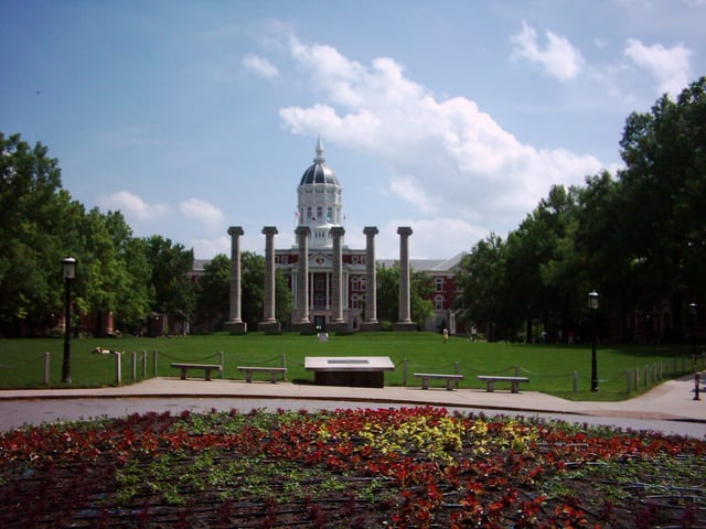 Francis Quadrangle, featuring the columns and Jesse Hall