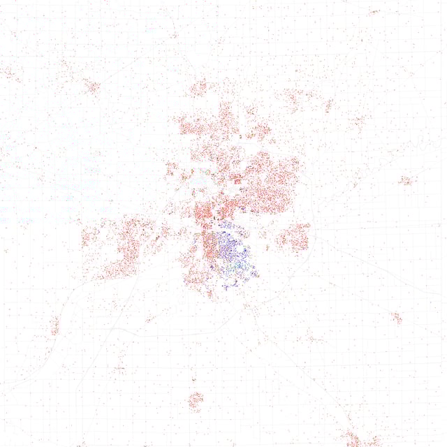 Map of racial distribution in Fort Wayne, 2010 U.S. Census. Each dot is 25 people: White, Black, Asian, Hispanic or Other (yellow)