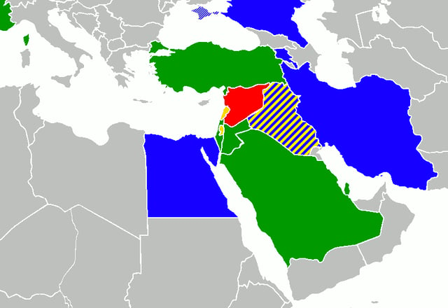 Map of countries surrounding Syria (red) with military involvement    Countries that support the Syrian government    Countries that support the Syrian rebels  Countries that are divided in their support