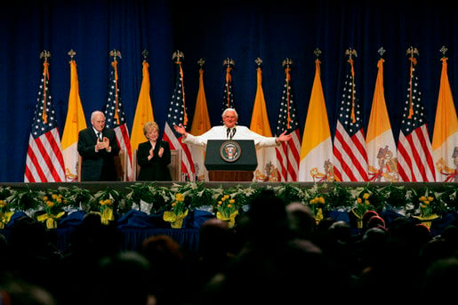 Pope Benedict XVI, Vice President Dick Cheney and Mrs. Lynne Cheney at a farewell ceremony for the Pope at John F. Kennedy International Airport in New York.