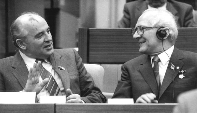 Gorbachev with Erich Honecker of East Germany. Privately, Gorbachev told Chernaev that Honecker was a "scumbag".