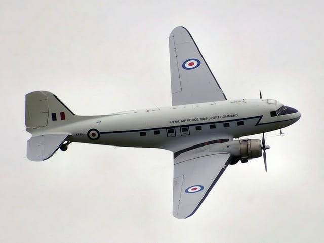 A Dakota IV in RAF Transport Command colors, owned by the Classic Air Force, operating out of Coventry Airport