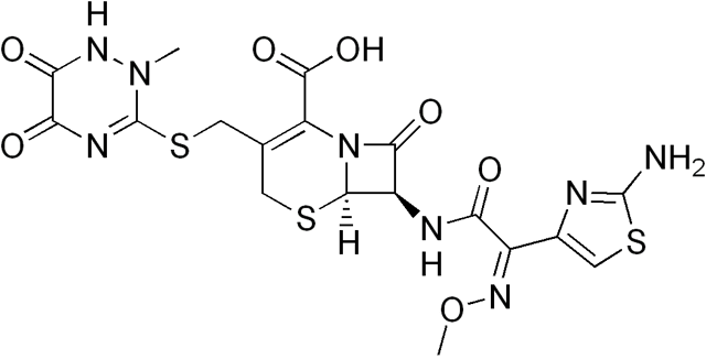 Structural formula of ceftriaxone, one of the third-generation cefalosporin antibiotics recommended for the initial treatment of bacterial meningitis.