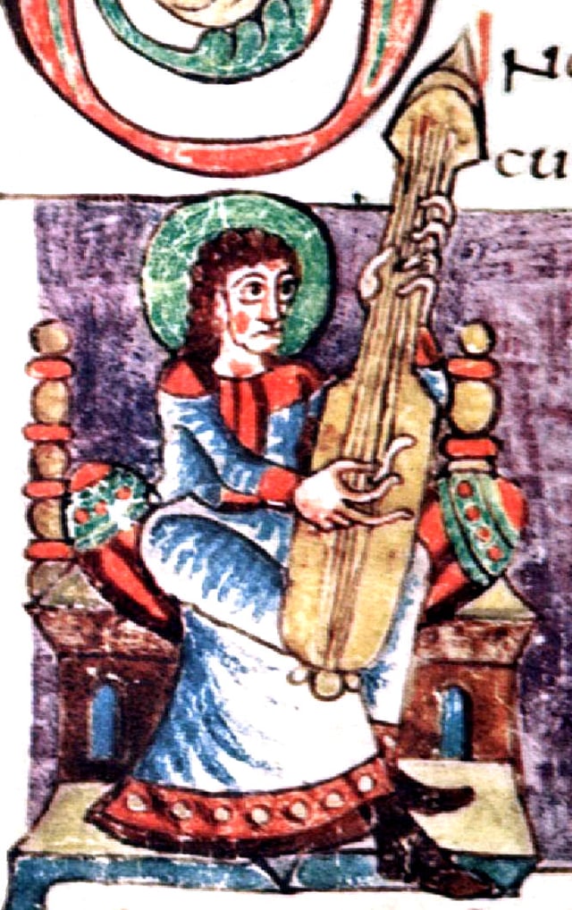 Illustration labeled "cythara" in the Stuttgart Psalter, a Carolingian psalter from the 9th century. The instrument shown is of the chordophone family, possibly an early citole or lute