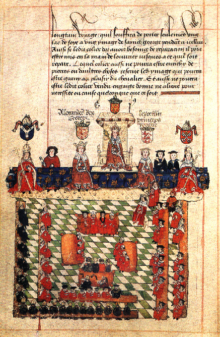 16th-century illustration of Edward I presiding over Parliament. The scene shows Alexander III of Scotland and Llywelyn ap Gruffudd of Wales on either side of Edward; an episode that never actually occurred.