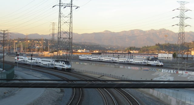 Metrolink trains approaching and leaving Union Station during the evening rush hour