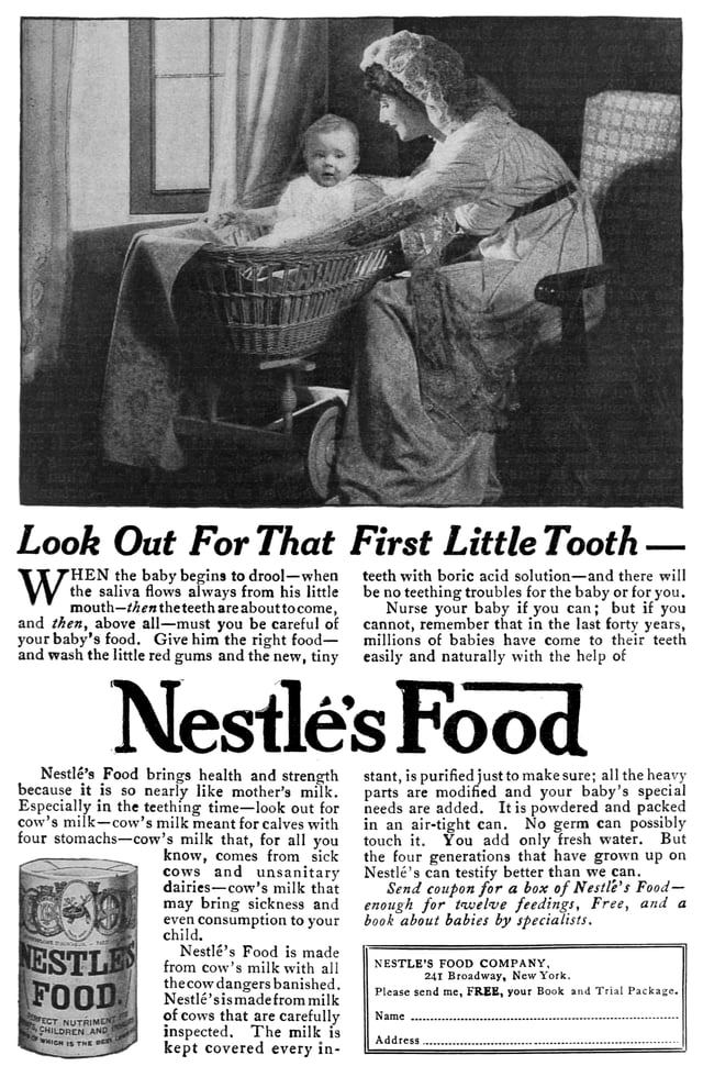 A 1915 advertisement for "Nestlés Food", an early infant formula