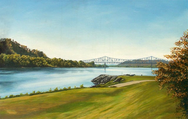 A painting of the confluence of the Ohio and Scioto rivers, showing the dissected plateau terrain and the Carl D. Perkins Bridge. Artist Herb Roe