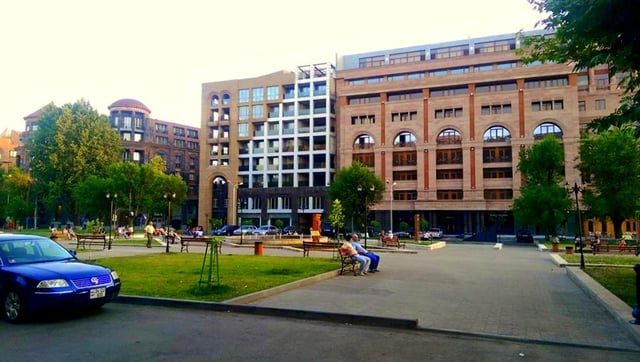 A 19th-century building in downtown Yerevan, remodeled with modern additions