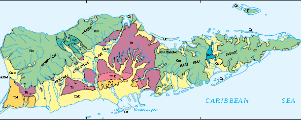 Saint Croix geologic map, where Km is the Cretaceous Mt. Eagle Group, Kd is Cretaceous diorite, Kg is Cretaceous gabbro, Tbf is the Pliocene Blessing Formation, Tmb and Tlr are the Miocene Kingshall Limestone, Qab is Quaternary alluvium, and Qr is Quaternary reef.