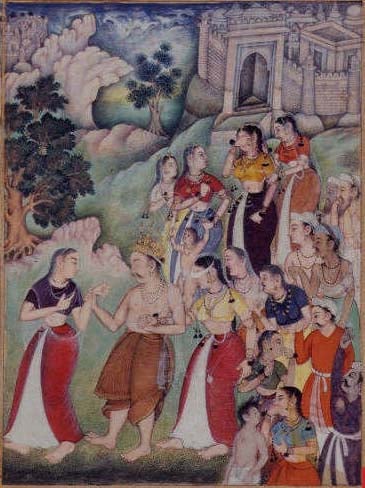 Gandhari, blindfolded, supporting Dhrtarashtra and following Kunti when Dhrtarashtra became old and infirm and retired to the forest. A miniature painting from a 16th-century manuscript of part of the Razmnama, a Persian translation of the Mahabharata