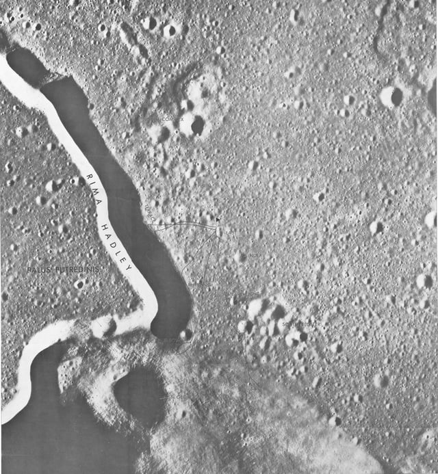 Orbital photo of Hadley-Apennine with Apollo 15 traverses labeled
