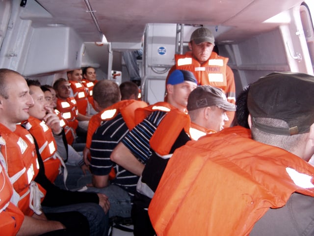 Inside an enclosed lifeboat